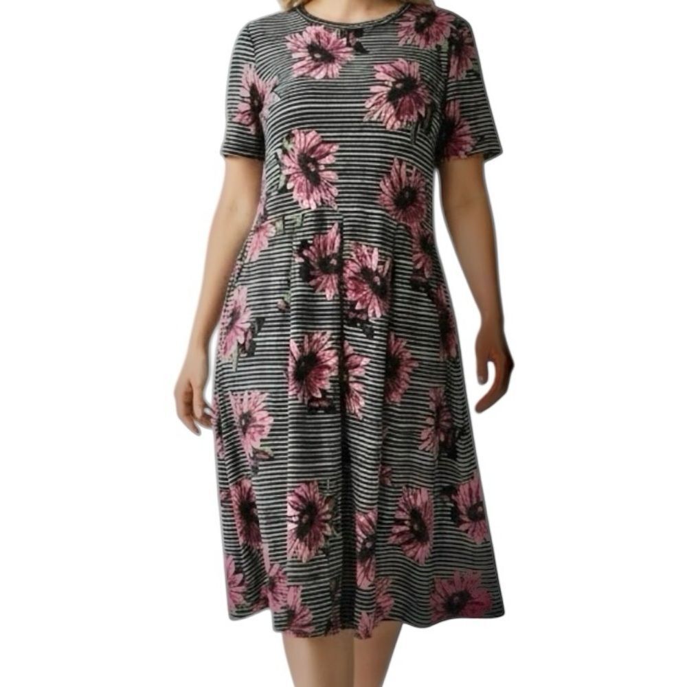 LulaRoe Heidi Black/White Stripe Pink Floral Knee Length Fit and Flare Dress 3XL